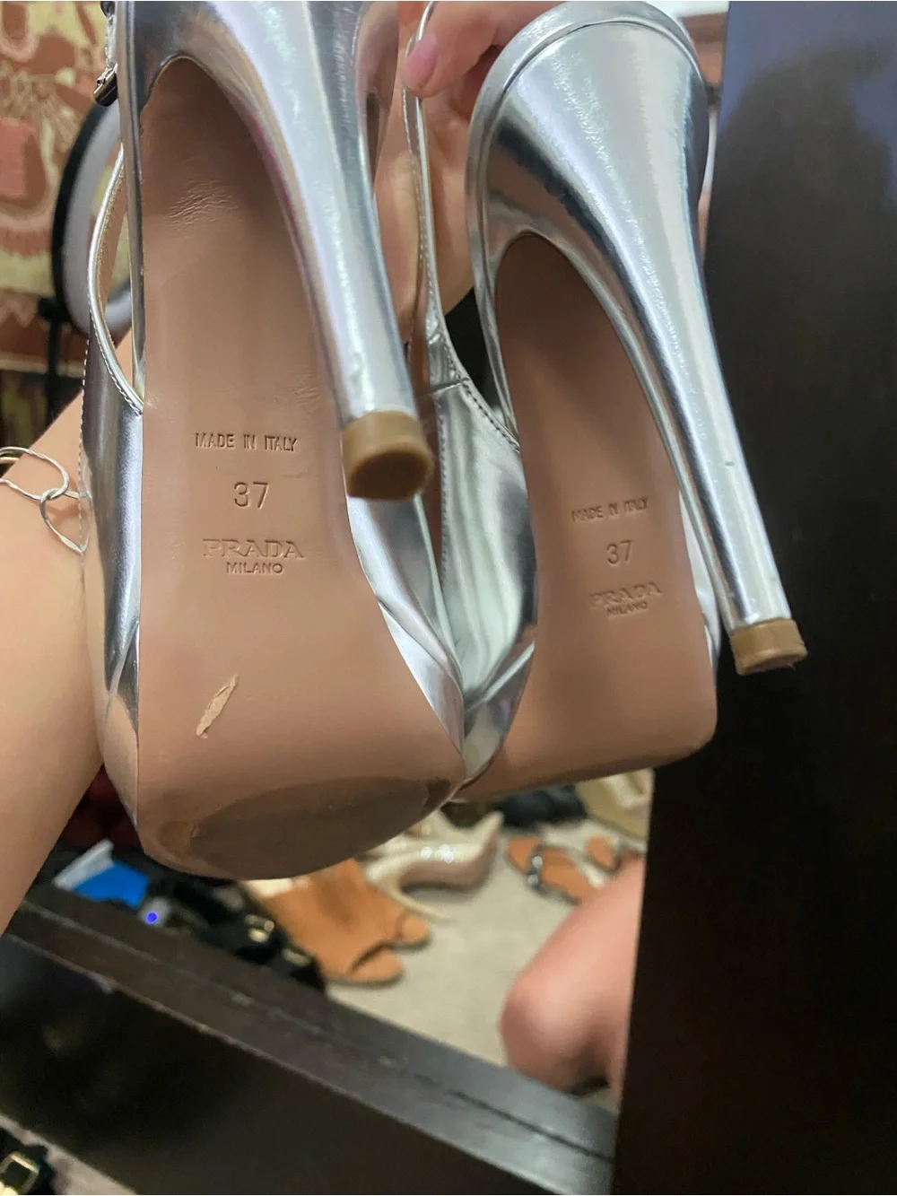 Prada Metallic Silver Peep-Toe Slingback Heels - Picture 3 of 9